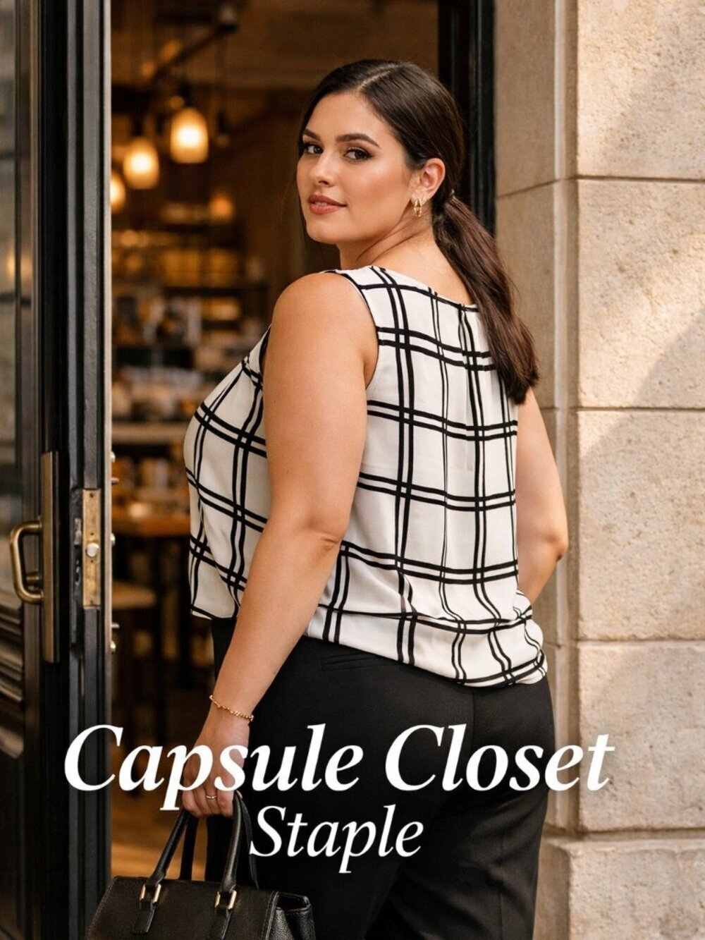 LOFT XL Black White Windowpane Sleeveless Blouse Minimalist Office Capsule Top